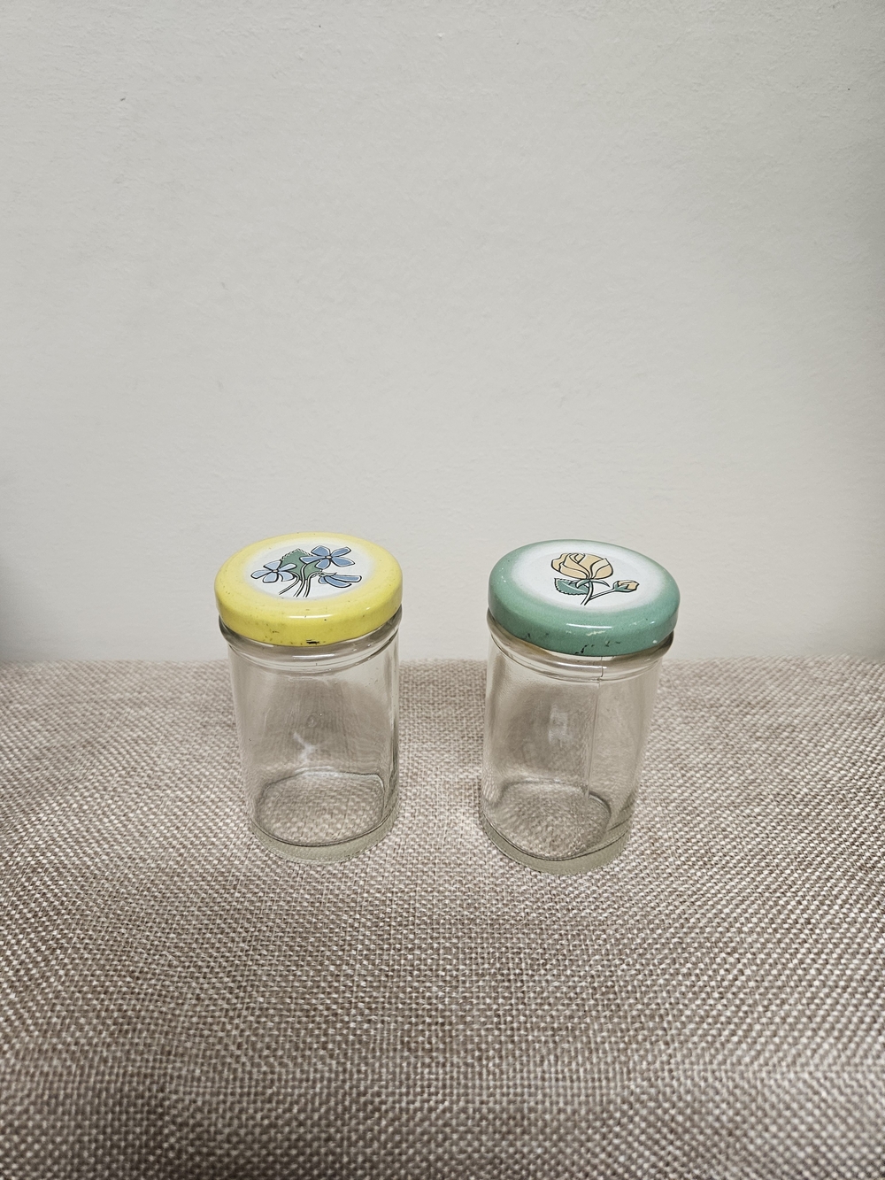 70s Mini Glass Spice Jars with Floral Lids - Set of 2